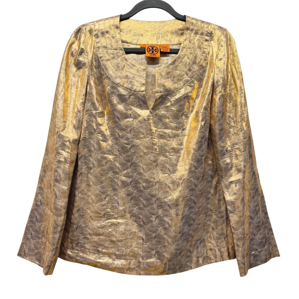 Tory Burch Gold Metallic Silk Wave Jacquard Split Neck Blouse Top Size 6